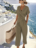 Solid Color Irregular Cross Neck Short Sleeve Pants Set