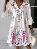 V-Neck Lace Patchwork Complete with Printed Dress