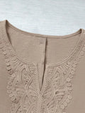 Lace Spliced V-Neck Short-Sleeve Top with Ruffled Edges