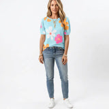 Blue Floral Print Short Sleeve Casual Loose Summer T Shirt
