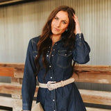 Classic Western Button Down Long Sleeve Denim Dress