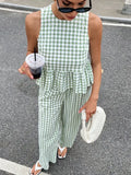 Plaid Patterned Top Straight-Leg Trousers Set