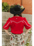 Plus Red Ivory Contrast Studded Western Yoke Puff Sleeve Top