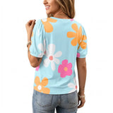 Blue Floral Print Short Sleeve Casual Loose Summer T Shirt