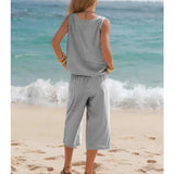 Round Neck Striped Sleeveless Top & Cropped Pants Set