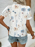 Ruffled V-Neck Floral Printed Puff Sleeve Blouse
