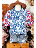 Western Fashion Print Floral Puff Sleeve Frill Neck Blouse