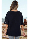 Fashion-W Pearl Beaded Drop Shoulder Crewneck T Shirt