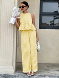 Plaid Patterned Top Straight-Leg Trousers Set