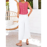 Button Crew Neck Sleeveless Plaid Cropped Tank Top