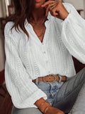 Lace V-Neck Button Blouse Puff Sleeve Elegant Top