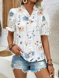 Ruffled V-Neck Floral Printed Puff Sleeve Blouse