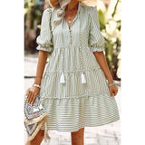 Striped V Neck Button Front Puff Sleeve Tiered Dress