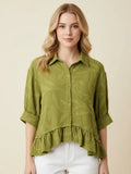 Fern Jacquard Button-Down Blouse with Ruffle Hem