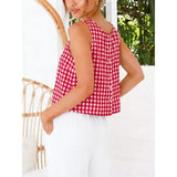Button Crew Neck Sleeveless Plaid Cropped Tank Top