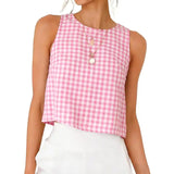 Button Crew Neck Sleeveless Plaid Cropped Tank Top