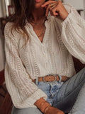 Lace V-Neck Button Blouse Puff Sleeve Elegant Top