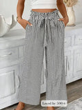 Black stripe tied high waist loose straight casual pants