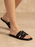 Britney Lace Mesh Sandals H-Cutout Square Toe Slides
