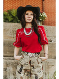 Plus Red Ivory Contrast Studded Western Yoke Puff Sleeve Top
