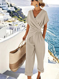 Solid Color Irregular Cross Neck Short Sleeve Pants Set