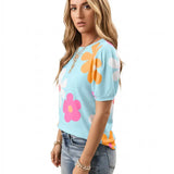 Blue Floral Print Short Sleeve Casual Loose Summer T Shirt
