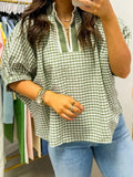 Plaid Polyester Blouse Casual Shift Short Sleeve