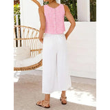 Button Crew Neck Sleeveless Plaid Cropped Tank Top