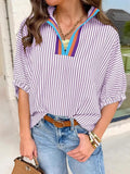 Striped V-Neck Colorblock Blouse Puff Sleeve Casual Top