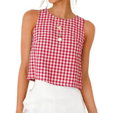 Button Crew Neck Sleeveless Plaid Cropped Tank Top