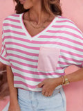 Pink Stripe V Neck Patched Pocket Casual T Shirt