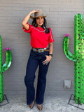 Plus Red Ivory Contrast Studded Western Yoke Puff Sleeve Top
