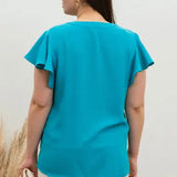 Plus Grid Print Split Neck Ladder Lace Trim Blouse