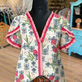 Boho Western Contrast Ruffle Trim V-Neck Floral Print Top