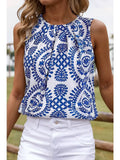 Fashion-W Boho Vintage Print Pintuck Crew Neck Tank Top