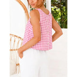 Button Crew Neck Sleeveless Plaid Cropped Tank Top