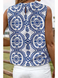 Fashion-W Boho Vintage Print Pintuck Crew Neck Tank Top