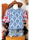 Western Fashion Print Floral Puff Sleeve Frill Neck Blouse