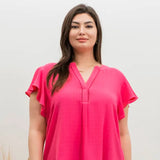 Plus Grid Print Split Neck Ladder Lace Trim Blouse