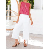 Button Crew Neck Sleeveless Plaid Cropped Tank Top