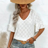 Knitted Embroidered Hollow Out Ruffled V Neck Short Sleeved Shirt T Shirt