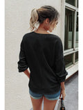 Solid Waffle Knit Button V Neck Lantern Sleeve Shirt