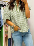 Plaid Polyester Blouse Casual Shift Short Sleeve