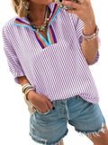 Striped V-Neck Colorblock Blouse Puff Sleeve Casual Top