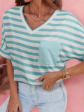Pink Stripe V Neck Patched Pocket Casual T Shirt